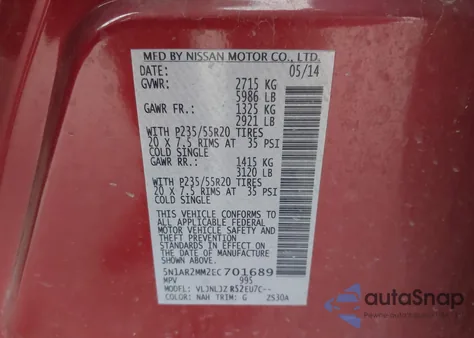 2014 Nissan Pathfinder Platinum z USA, uszkodzony, nr VIN 5N1AR2MM2EC701689